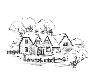 Kış arka plan, ev ve peyzaj ağaç