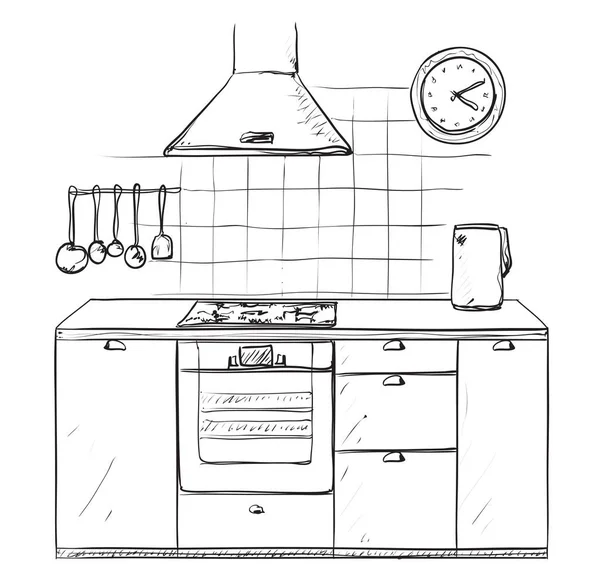 Cocina dibujada a mano. Esbozo de muebles . — Vector de stock