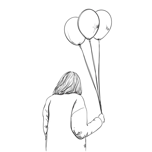 Skissa ritade illustration av en flicka som står med ballong i handen, bakifrån. — Stock vektor