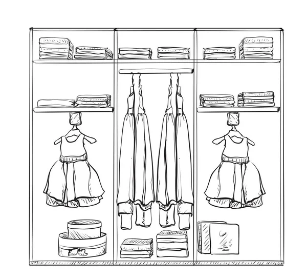 Handgetekende garderobe schets. Kamer interieur met kleding. — Stockvector