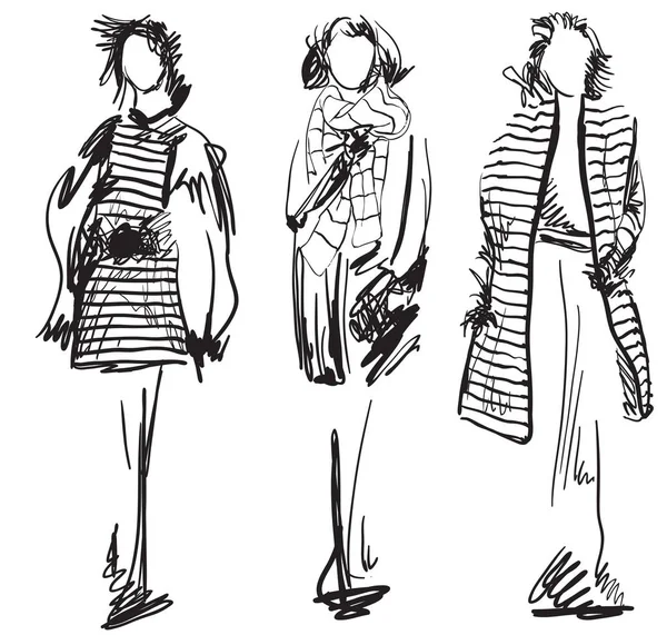 Skizze einer Frau im Mantel. Winterkleidung — Stockvektor