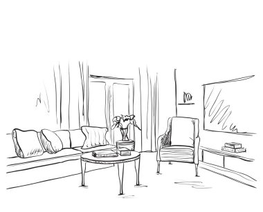 Oda iç kroki. Elle çizilmiş kanepe ve mobilya.