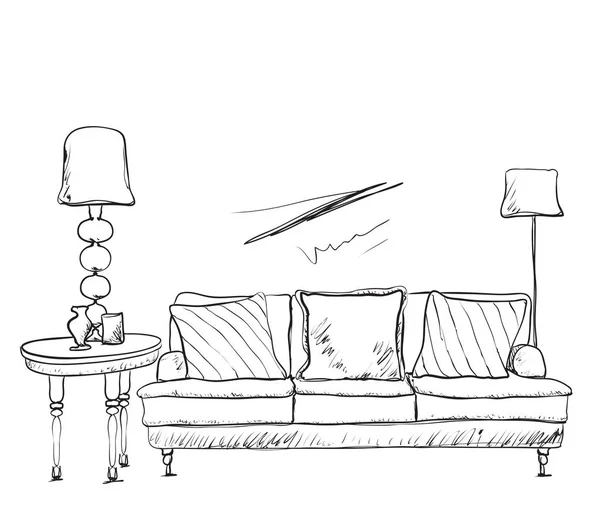 Ruang interior sketsa. Tangan digambar sofa. - Stok Vektor