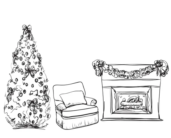 Christmas fireplace hand drawn vector illustration — Stock Vector