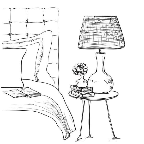 寝室モダンなインテリアのスケッチ。手描きの寝具 — ストックベクタ