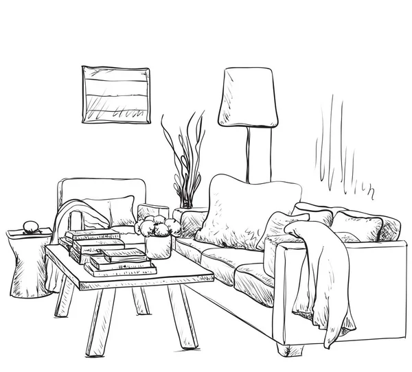 现代室内空间素描。手画的壁炉. — 图库矢量图片
