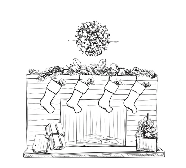与袜子和圣诞装饰壁炉的插图 — 图库矢量图片