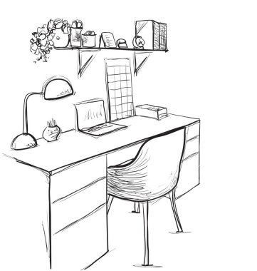 Çalışma tablosu ile modern çalışma alanının el çizilmiş kroki.