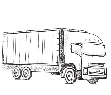 Kroki lojistik ve teslimat posteri. Elle çizilmiş kamyon.