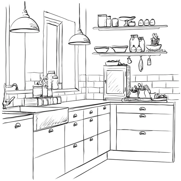 Keuken interieur tekening, vectorillustratie — Stockvector