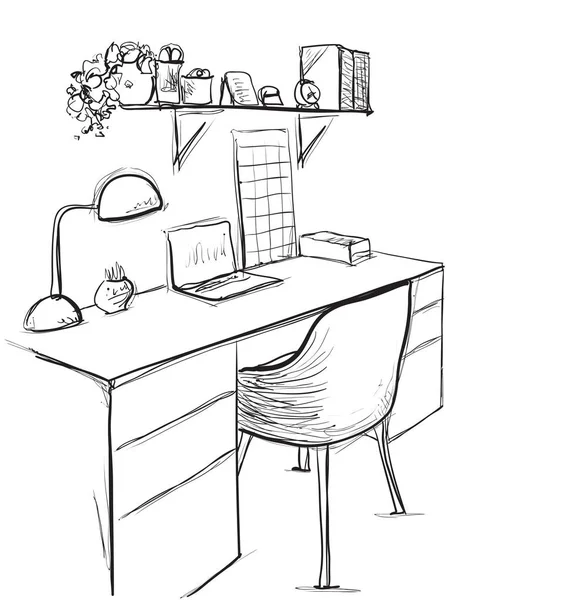 Bosquejo dibujado a mano de un espacio de trabajo moderno con mesa de trabajo . — Vector de stock