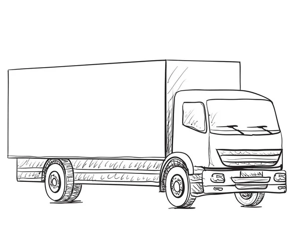 Sketch logístico e cartaz de entrega. Camião desenhado manualmente . —  Vetores de Stock
