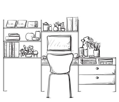 Çalışma tablosu ile modern çalışma alanının el çizilmiş kroki.