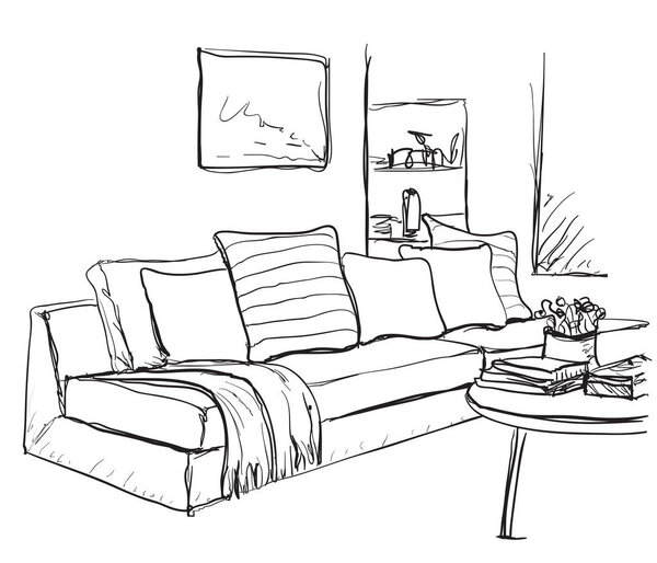 Room interior sketch. Hand drawn sofa and furniture.