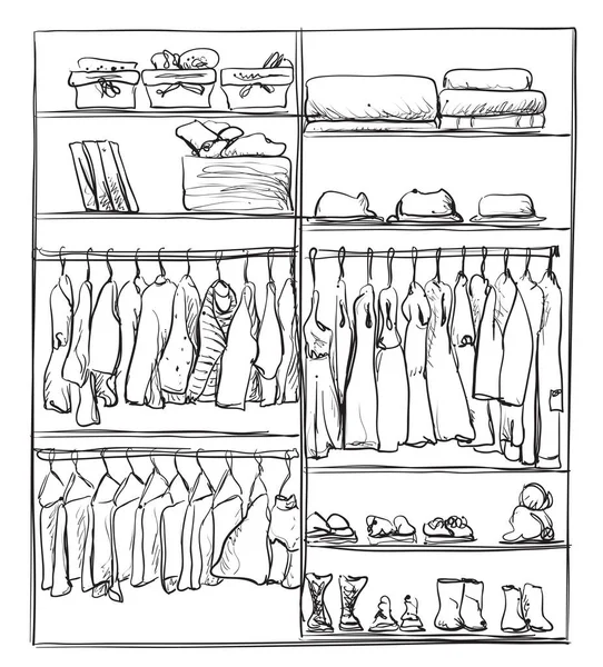 Hand drawn wardrobe sketch. Interior with clothes. — Stock Vector