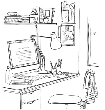 Çalışma tablosu ile modern çalışma alanının el çizilmiş kroki.