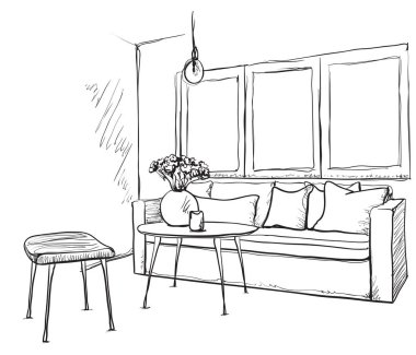 Oda iç kroki. Elle çizilmiş kanepe ve mobilya.