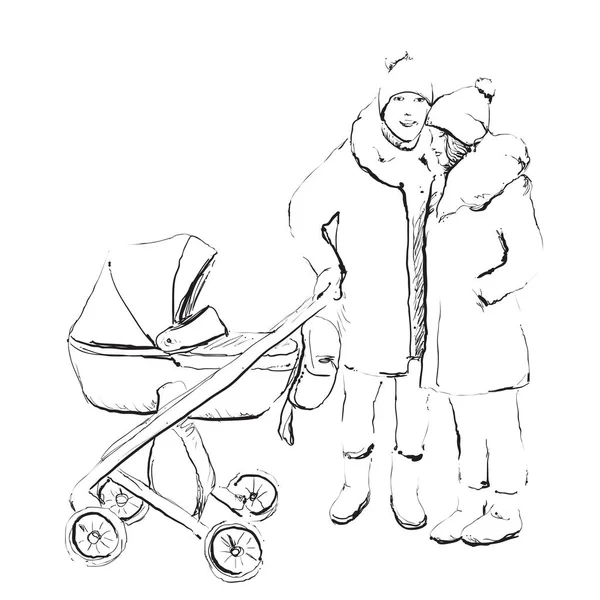 Giovane coppia sposata che cammina con loro neonato — Vettoriale Stock