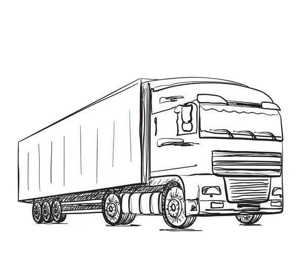Disegno logistico e poster di consegna. Camion disegnato a mano — Vettoriale Stock
