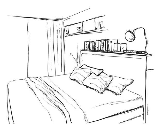 Schlafzimmerinnenskizze. Handgezeichnete Möbel — Stockvektor