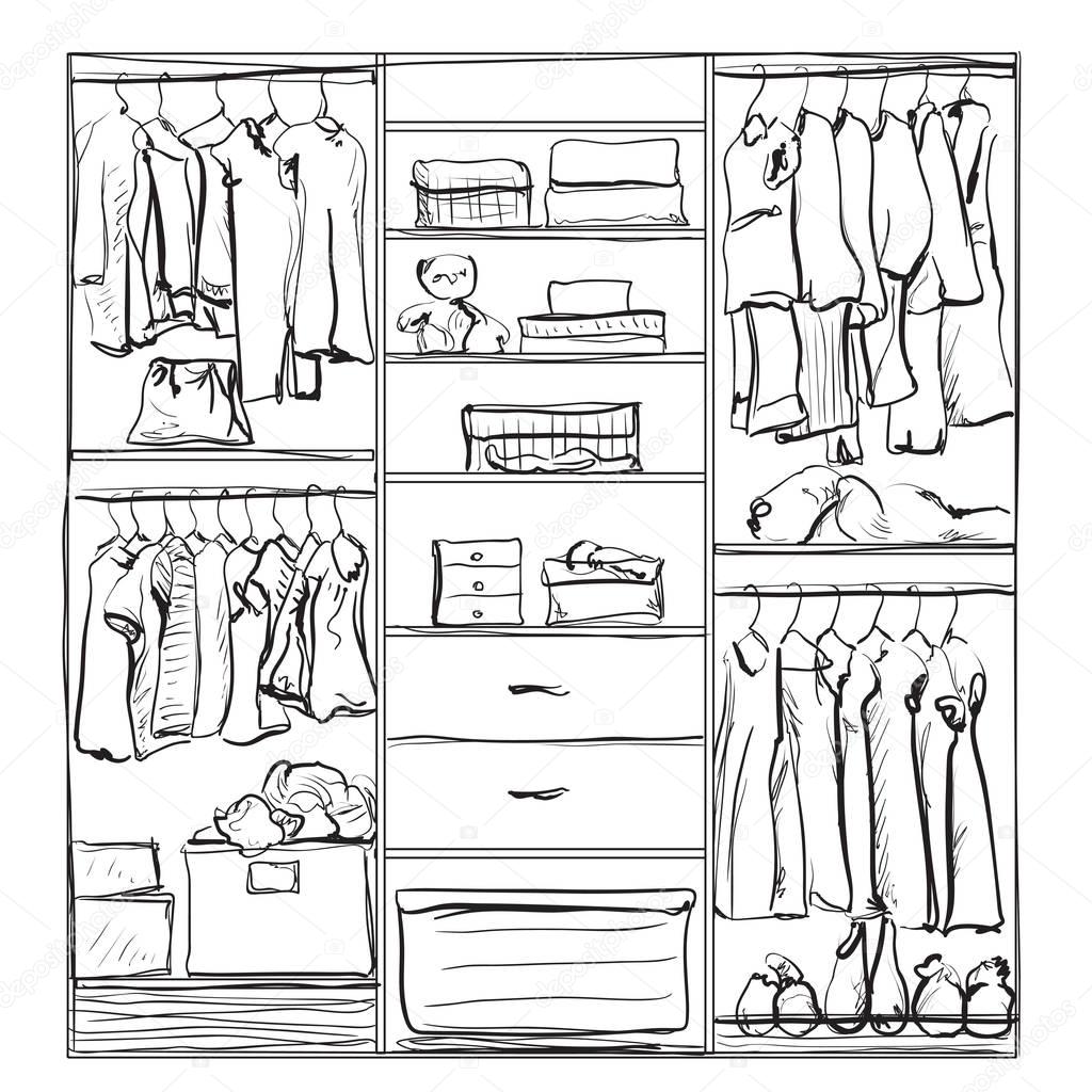 Hand drawn wardrobe sketch. Interior with clothes. — Stock Vector ...