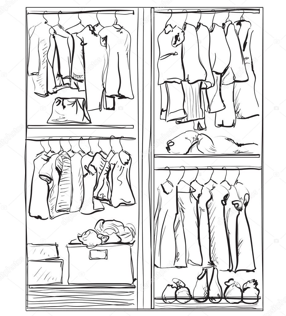 Hand drawn wardrobe sketch. Interior with clothes.