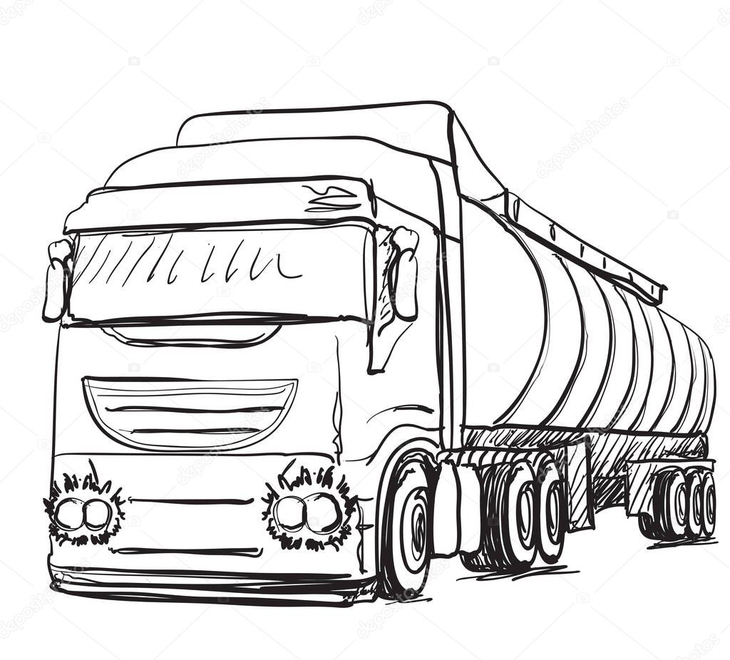 Sketch logistics and delivery poster. Hand drawn truck