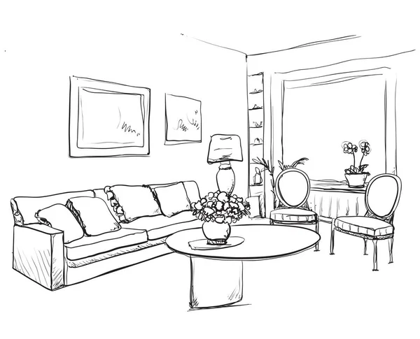 Esboço interior da sala. Sofá desenhado à mão e mobiliário . — Vetor de Stock