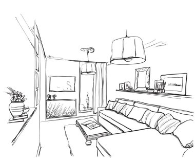 Oda iç kroki. Elle çizilmiş kanepe ve mobilya.