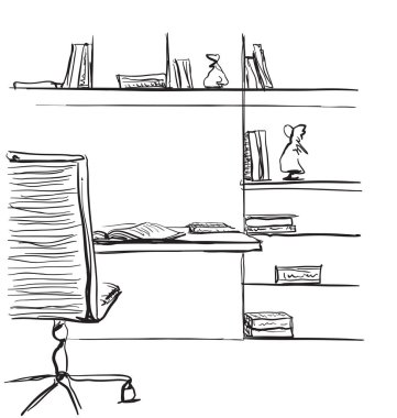 Çalışma tablosu ile modern çalışma alanının el çizilmiş kroki.