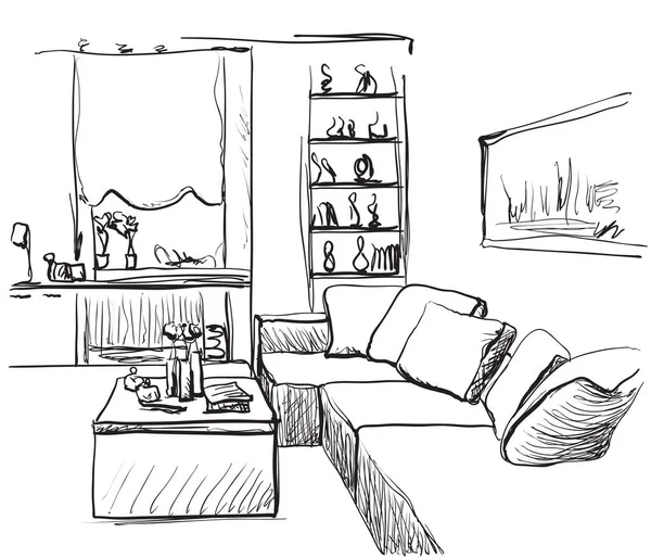 Kresba interiéru ručně kresleného pokoje. Nábytek — Stockový vektor