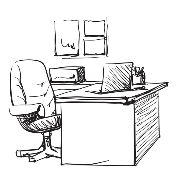 Escritorio con un ordenador o lugar de trabajo en la oficina dibujado a mano estilo garabato . — Archivo Imágenes Vectoriales