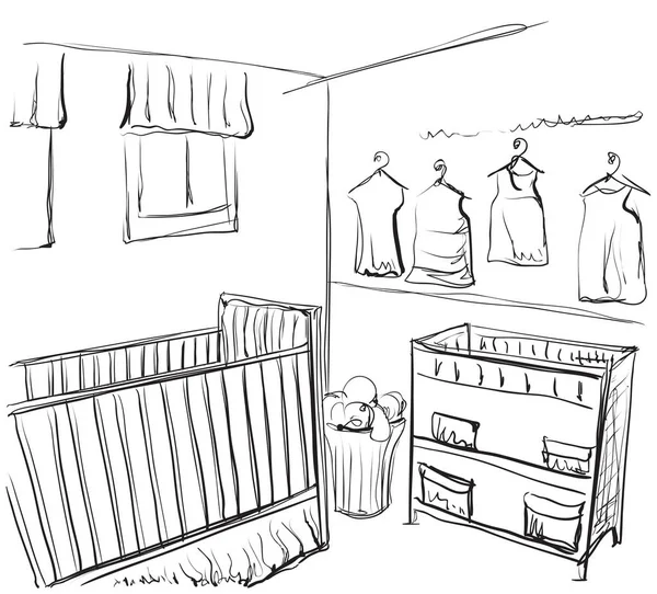 Kinderzimmer. Möbelskizze. Babybett — Stockvektor