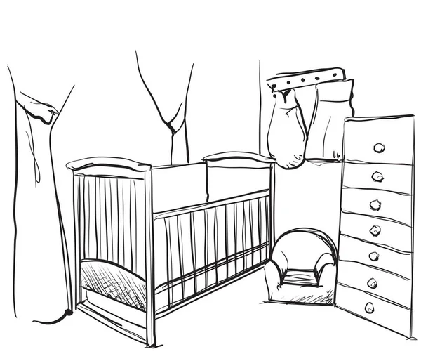 Habitación de niños dibujados. Esbozo de muebles. Cama de bebé — Vector de stock