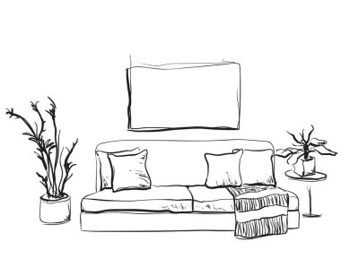 El ile bir kanepe oturma odası iç çizilmiş kroki.