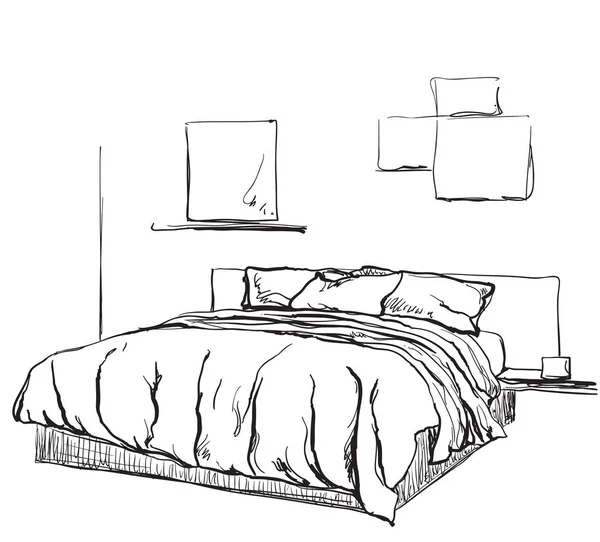Slaapkamer interieur schets. Hand getrokken meubilair — Stockvector