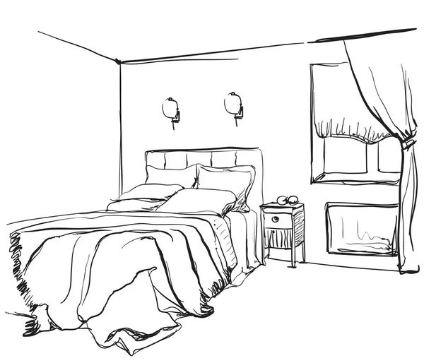 Croquis intérieur de la chambre. Meubles dessinés main — Image vectorielle