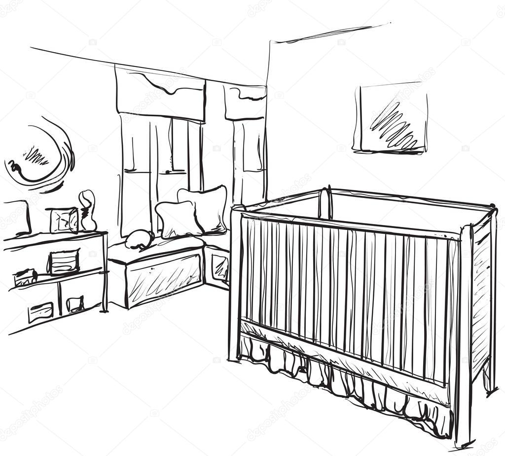 Drawn children room. Furniture sketch. Baby bed