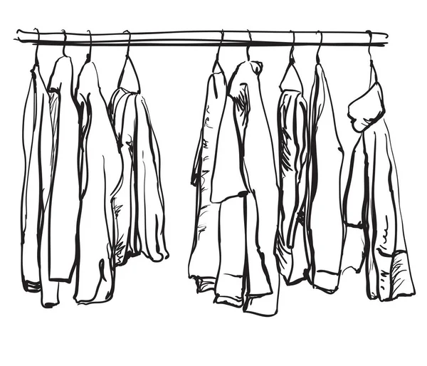 Ilustración dibujada a mano con ropa de moda en perchas sobre fondo blanco . — Vector de stock