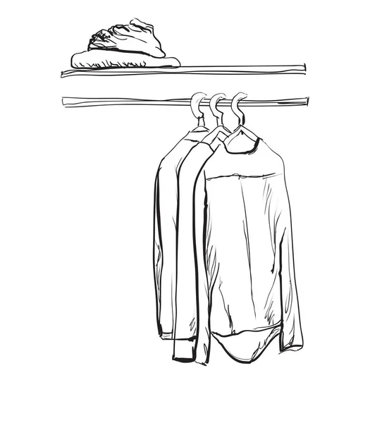 Croquis d'armoire dessiné à la main avec des vêtements. Intérieur du hall . — Image vectorielle