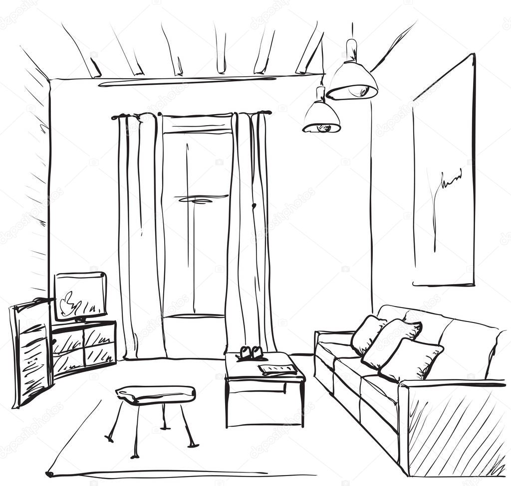 Рисунок комнаты с мебелью карандашом