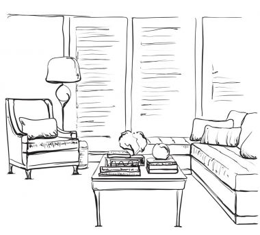 Elle çizilmiş oda iç kroki. Sandalye ve pencere