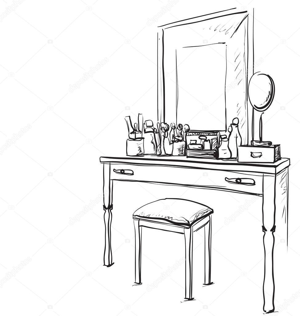 Hand drawn chair, table and mirror.
