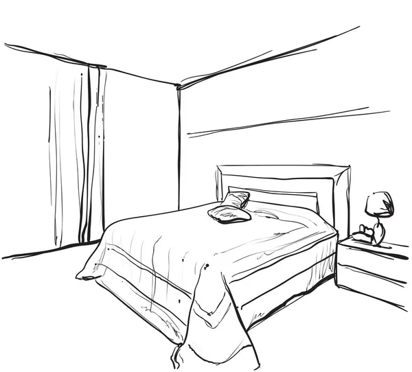 Sketsa interior kamar tidur. Perabotan gambar tangan - Stok Vektor