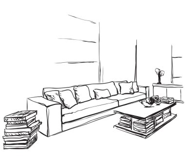 Elle çizilmiş oda iç kroki. Sandalye ve pencere