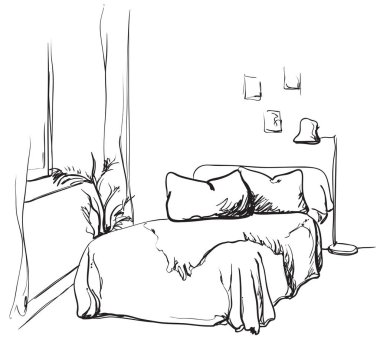 Yatak odası iç kroki. Elle çizilmiş mobilya