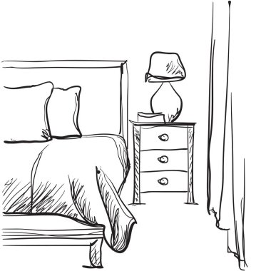 Yatak odası iç kroki. Elle çizilmiş mobilya