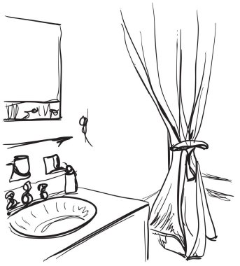 El Banyo çekilmiş. Lavabo ve ayna kroki