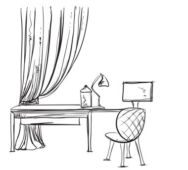 Bir bilgisayar veya işyeri ofis Resepsiyon el ile doodle tarzı çizilmiş.