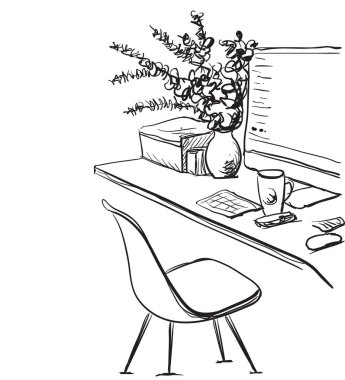 Bir bilgisayar veya işyeri ofis Resepsiyon el ile doodle tarzı çizilmiş.